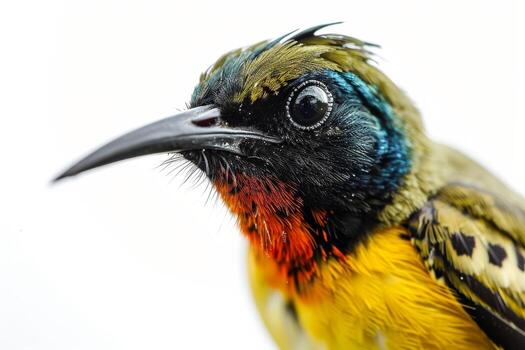 A close up of a colorful bird with a white background photo
