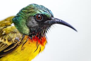 A close up of a colorful bird with a white background photo