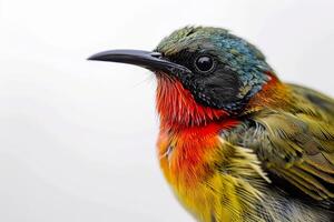 A colorful bird with a red, blue, and yellow head photo