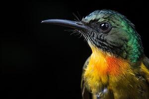 A close up of a bird with a bright orange and green head photo