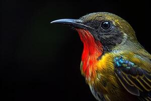 A colorful bird with a red and black head photo