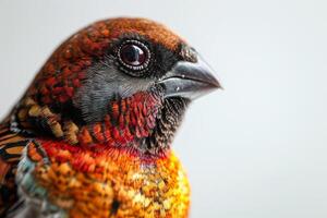 A close up of a colorful bird with red, yellow and orange feathers photo