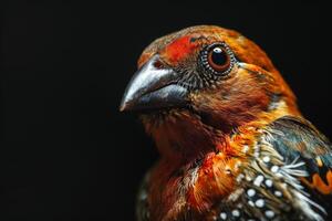 A close up of a bird with red and orange feathers photo