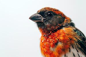 A bird with a white head and black and orange feathers photo