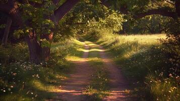 Sunlit Path Through a Lush Green Forest photo