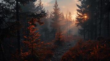 Sunlit Forest Path at Dawn photo