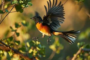 A bird with orange and black feathers flying through the air photo