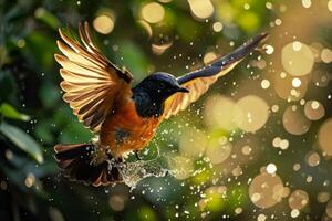 A bird flying over a green background with water droplets photo