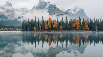 Autumn Reflection on a Misty Mountain Lake photo