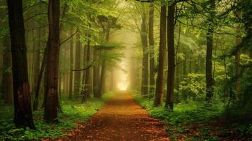 Sunlit Path Through Misty Forest photo