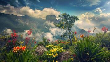 montaña parte superior paraíso un tapiz de flores y nubes foto