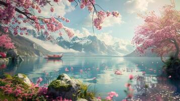 Peaceful Lake with Cherry Blossoms and Mountains photo