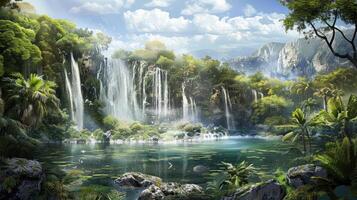 Serene Waterfall Oasis in a Lush Tropical Jungle photo