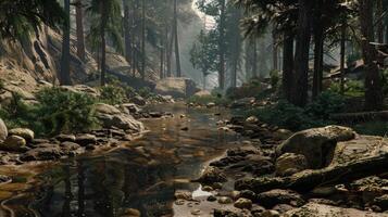 Serene Creek Through a Misty Forest photo