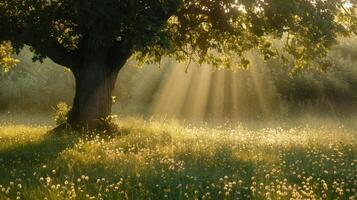 Sunbeams Through the Trees in a Foggy Meadow photo