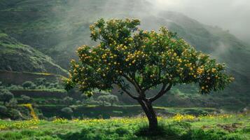 Orange Tree in a Foggy Landscape photo