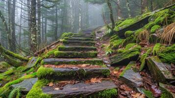 Stone Steps Leading into a Foggy Forest photo