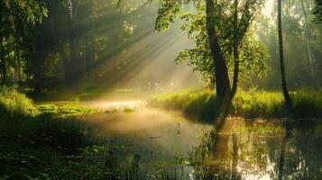 Sun Rays Breaking Through Misty Forest photo