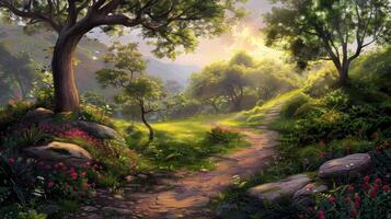 A Sunlit Path Through a Tranquil Forest photo