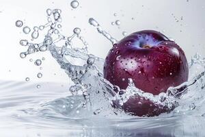 A purple apple is splashing in water photo