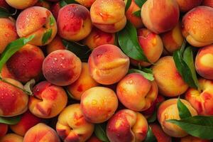 Peaches are piled up in a pile photo