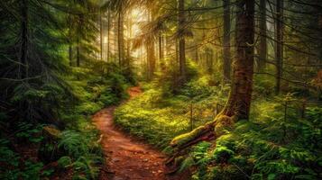 Sunlit Path Through a Mystical Forest photo