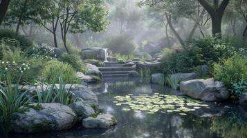 Serene Waterfall and Pond in a Misty Forest photo