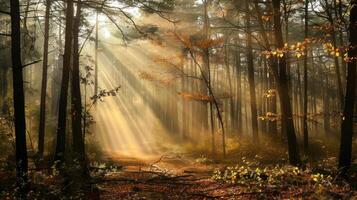 Sunbeams Through a Misty Forest photo