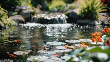 Serene Pond with Lily Pads and Koi Fish photo