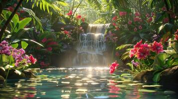 Tranquil Jungle Waterfall with Pink Flowers photo
