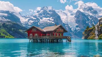 Swiss Chalet on a Pristine Alpine Lake photo