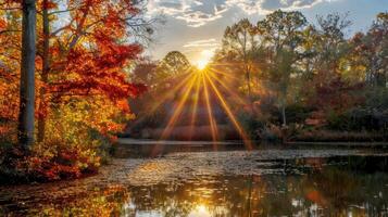 Autumnal Sun Rays Reflecting on a Pond photo