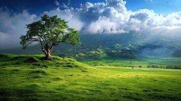 Solitary Tree on a Green Hilltop with Mountain View photo