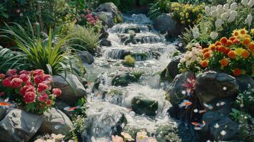 Serene Waterfall Garden with Vivid Blooms and Fish photo