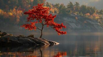 Solitary Red Maple on a Misty Lake photo