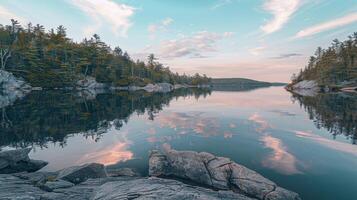 Serene Sunset Reflection on a Tranquil Lake photo