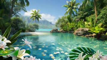 Tranquil Tropical Lagoon with White Flowers photo