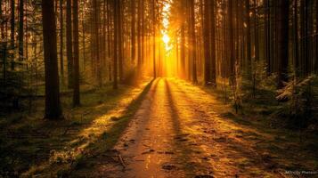 Sunbeams Through the Trees in a Forest photo