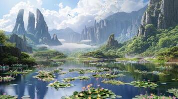 Tranquil Mountain Lake with Water Lilies photo