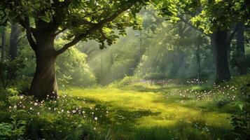 Sunbeams Through a Lush Forest photo