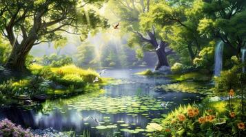 Tranquil Forest Pond with Birds and a Waterfall photo