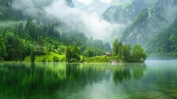 Misty Mountain Lake with Cabin and Forested Slopes photo