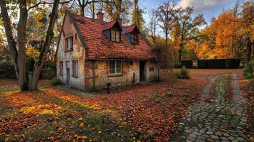 Autumnal Cottage with Cobblestone Path photo