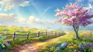Springtime Meadow with a Blooming Tree photo