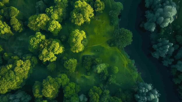 Aerial View of Lush Greenery and a Winding River photo