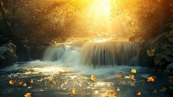 Golden Waterfall in a Misty Autumn Forest photo