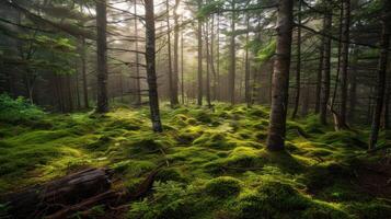 Sunlight Through a Misty Forest photo