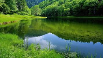 Tranquil Lake in a Lush Green Forest photo