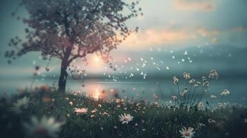 Tranquil Sunset by the Lake with Blooming Daisies photo