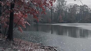 Snow-Dusted Landscape with a Frozen Lake photo